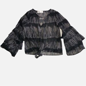 Vintage Havana Ruffle Sleeve Knot Front Sheer Top Blouse Medium Tie Dyed Keyhole